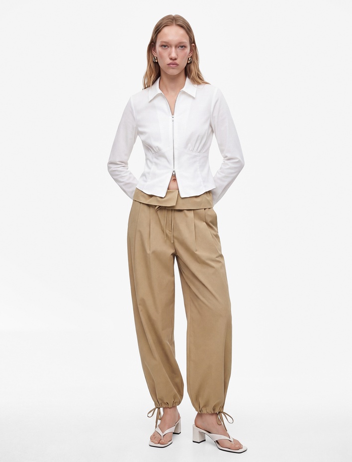  Beli Bağcıklı Katlama Detaylı Balon Form Poplin Harem Pantolon