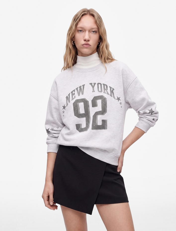 Rahat Kalıp Üç İplik Şardonlu Bisiklet Yaka Uzun Kollu Yıldız Baskılı Sweatshirt