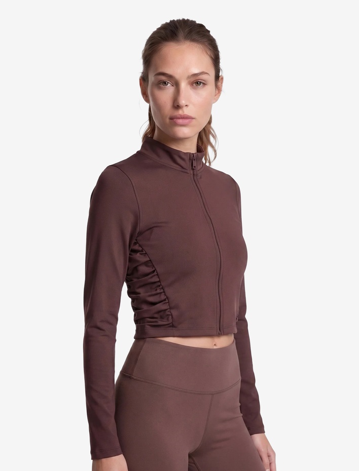  Slim Fit İnterlok Büzgü Detaylı Dik Yaka Fermuarlı Uzun Kollu Spor Tişört