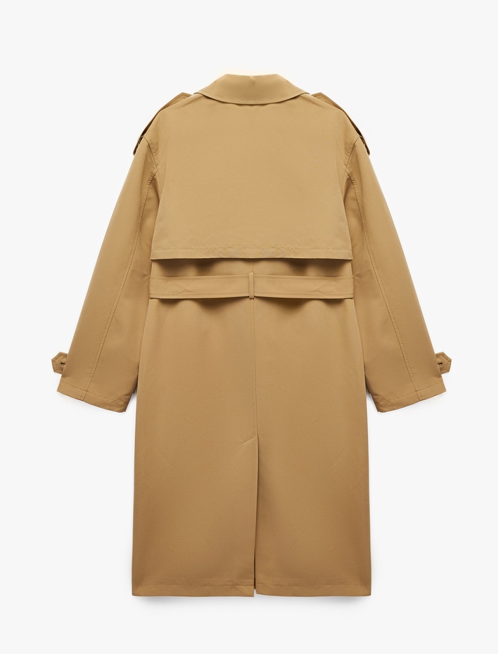  Uzun Kollu Kemerli Çift Cepli Oversize Gabardin Kruvaze Trençkot