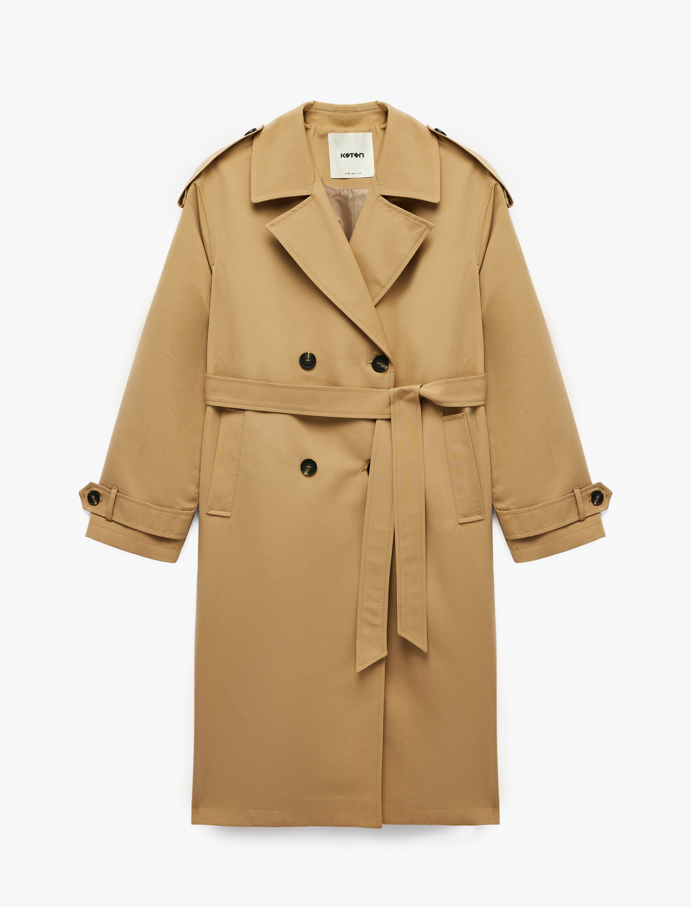   Uzun Kollu Kemerli Çift Cepli Oversize Gabardin Kruvaze Trençkot