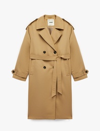 Uzun Kollu Kemerli Çift Cepli Oversize Gabardin Kruvaze Trençkot