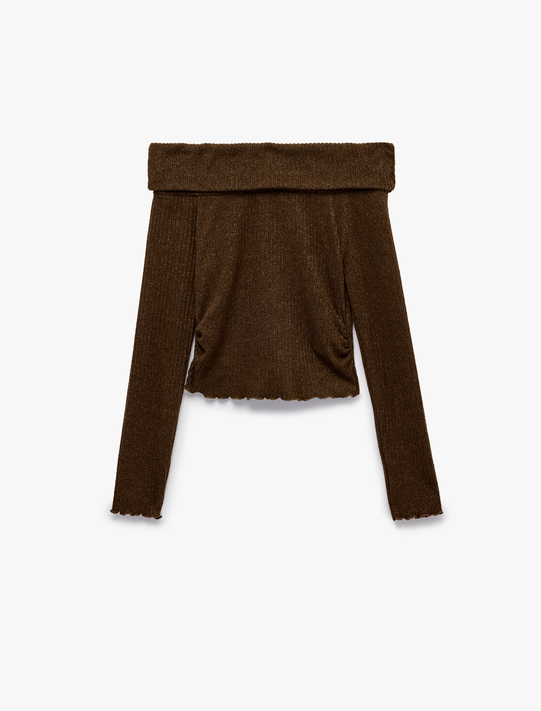   Büzgü Detaylı Slim Fit Kaşkorse Omzu Açık Uzun Kollu Tişört