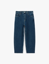 Normal Bel Beş Cepli Düğmeli Düz Paça Pamuklu Denim Pantolon - Tapered Jeans