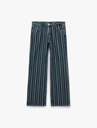 Pamuklu Normal Bel Cepli Uzun Düz Paça Çizgili Denim Pantolon - Straight Fit Jean