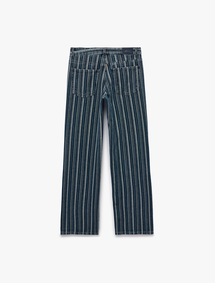  Pamuklu Normal Bel Cepli Uzun Düz Paça Çizgili Denim Pantolon - Straight Fit Jean