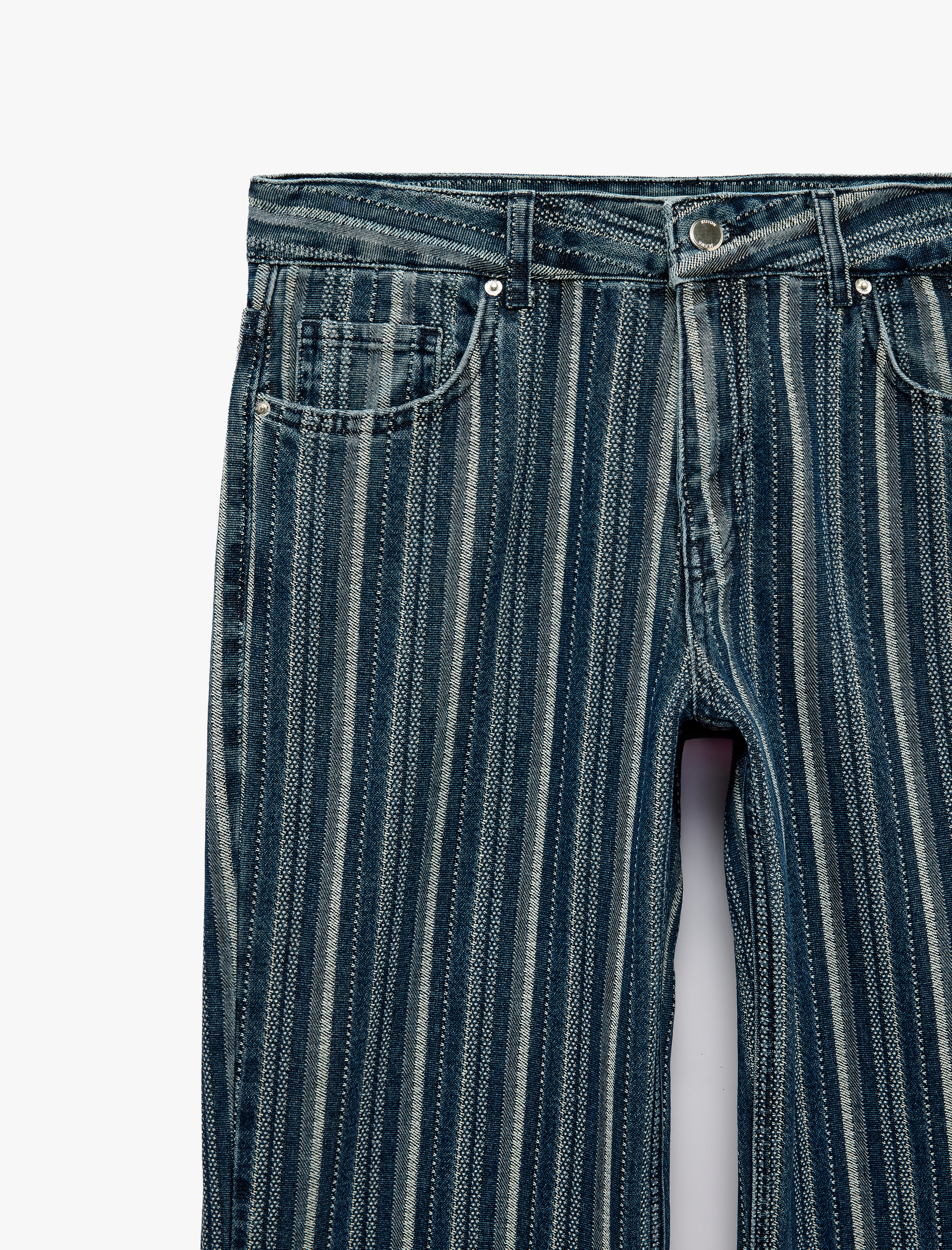   Pamuklu Normal Bel Cepli Uzun Düz Paça Çizgili Denim Pantolon - Straight Fit Jean