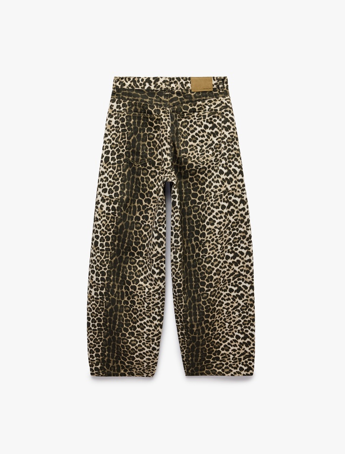  Fermuar Cepli Düğmeli Normal Bel Düz Paça Leopar Pantolon