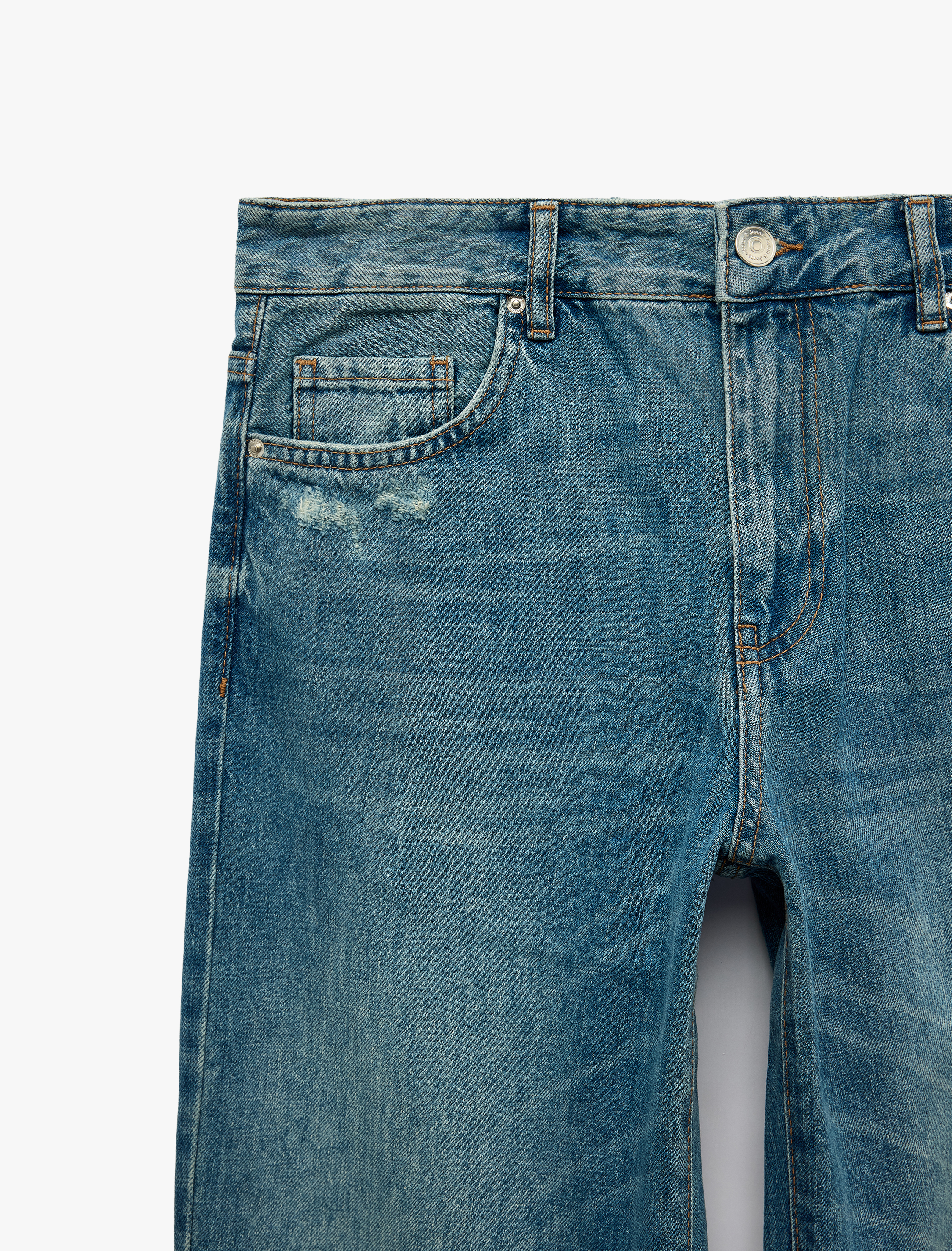   Yıpratma Detaylı Cepli Düz Paça Normal Bel Denim Pantolon  - Straight Fit Jeans