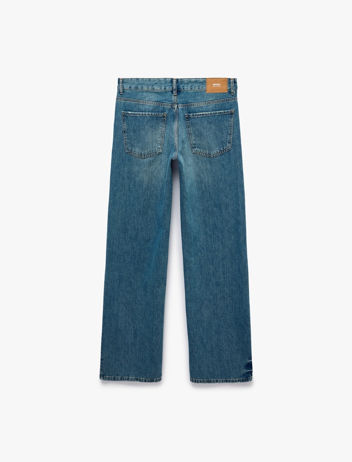  Yıpratma Detaylı Cepli Düz Paça Normal Bel Denim Pantolon  - Straight Fit Jeans