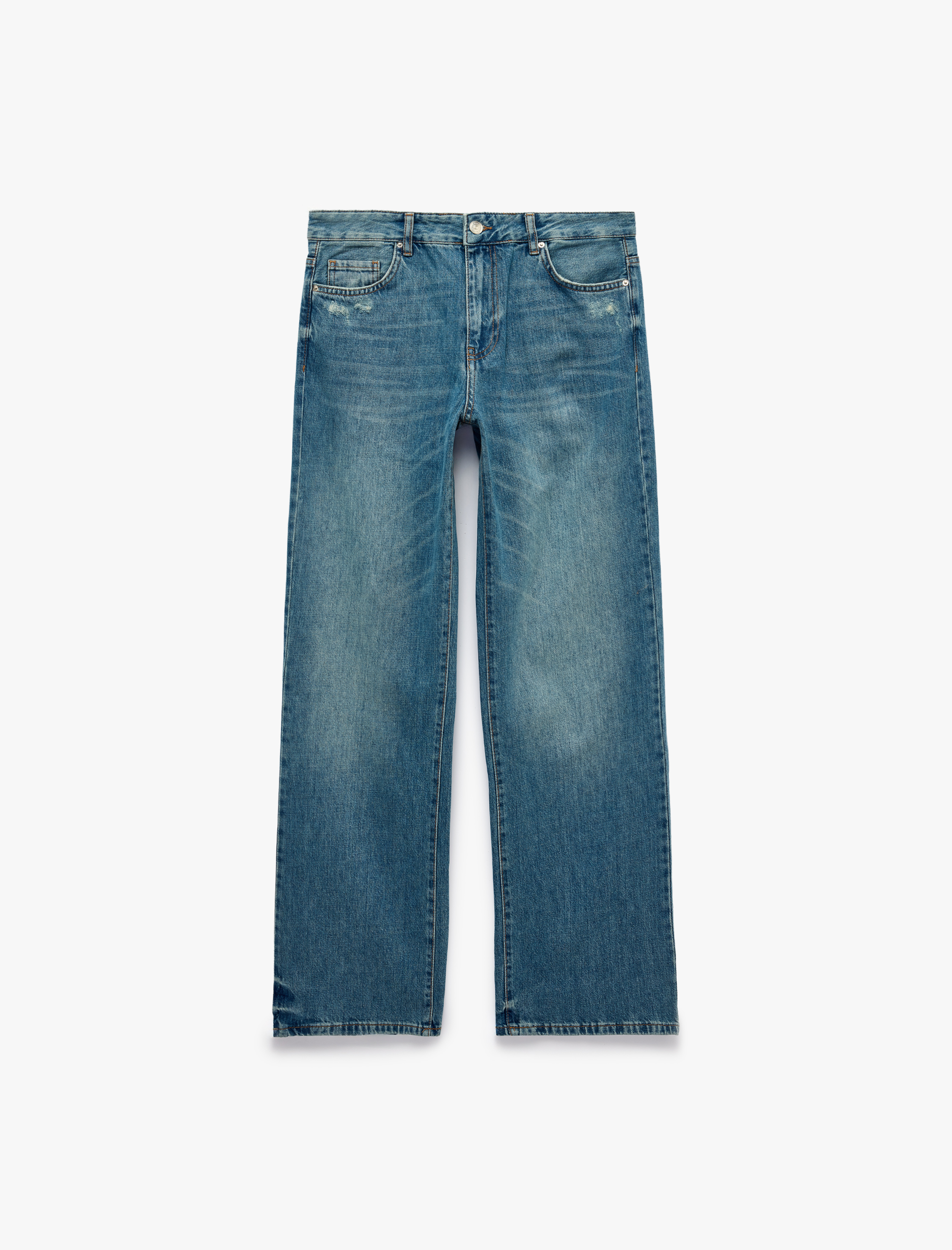   Yıpratma Detaylı Cepli Düz Paça Normal Bel Denim Pantolon  - Straight Fit Jeans