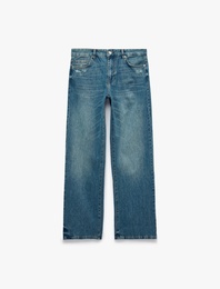 Yıpratma Detaylı Cepli Düz Paça Normal Bel Denim Pantolon  - Straight Fit Jeans