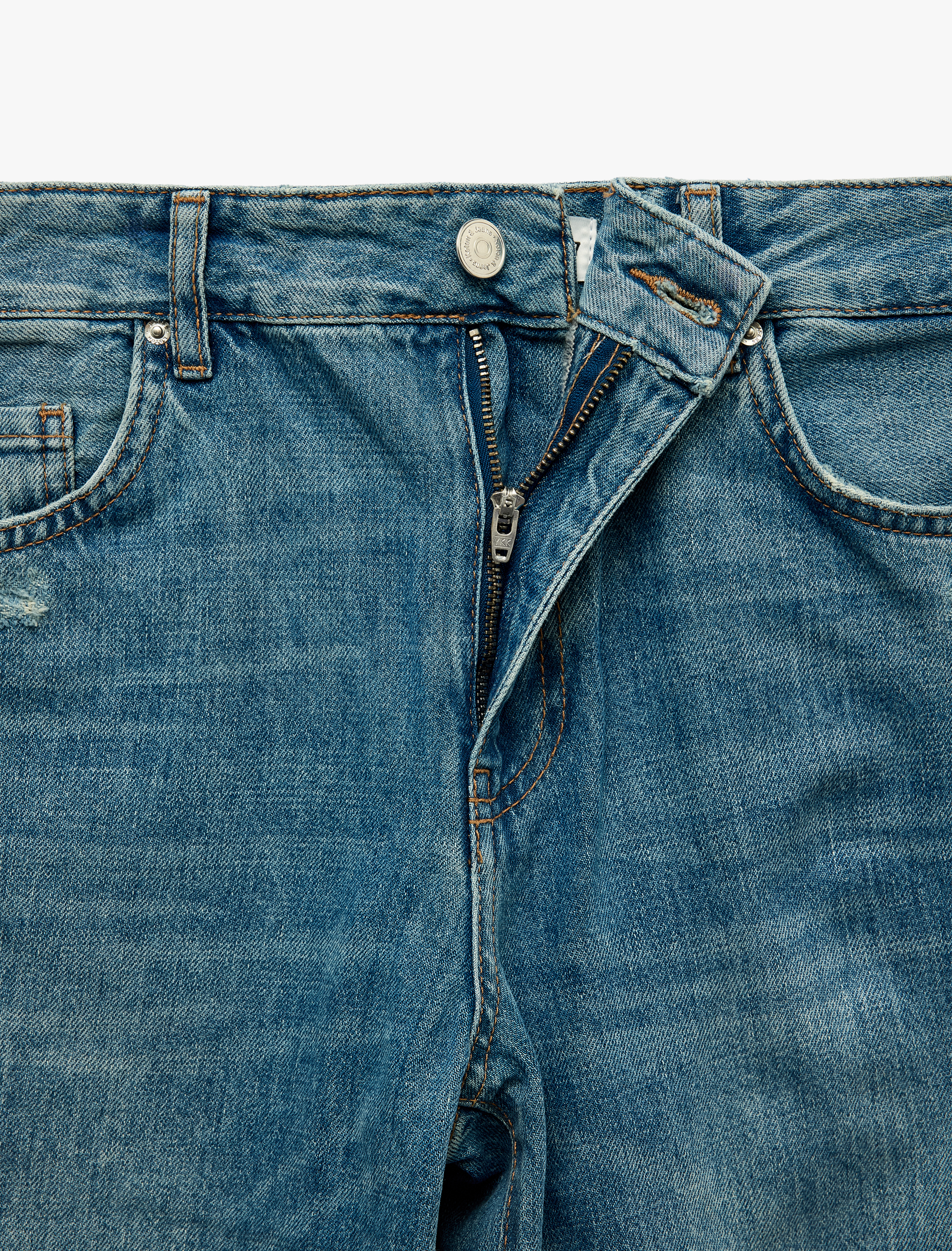   Yıpratma Detaylı Cepli Düz Paça Normal Bel Denim Pantolon  - Straight Fit Jeans
