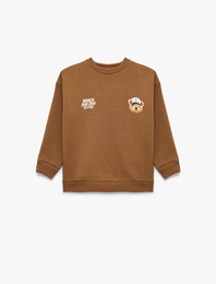 Uzun Kollu Üç İplik Oversize Bisiklet Yaka Ayıcık Baskılı Sweatshirt