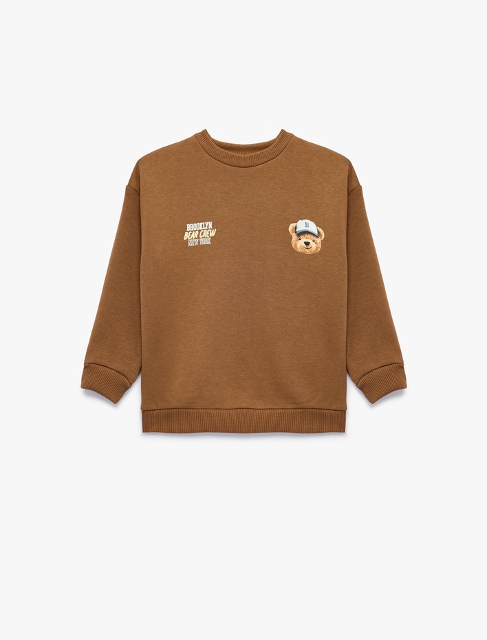 Erkek Bebek Uzun Kollu Üç İplik Oversize Bisiklet Yaka Ayıcık Baskılı Sweatshirt