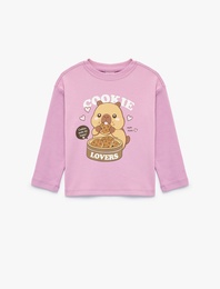 Pamuklu Bisiklet Yaka Ayıcık Baskılı Uzun Kollu Tişört