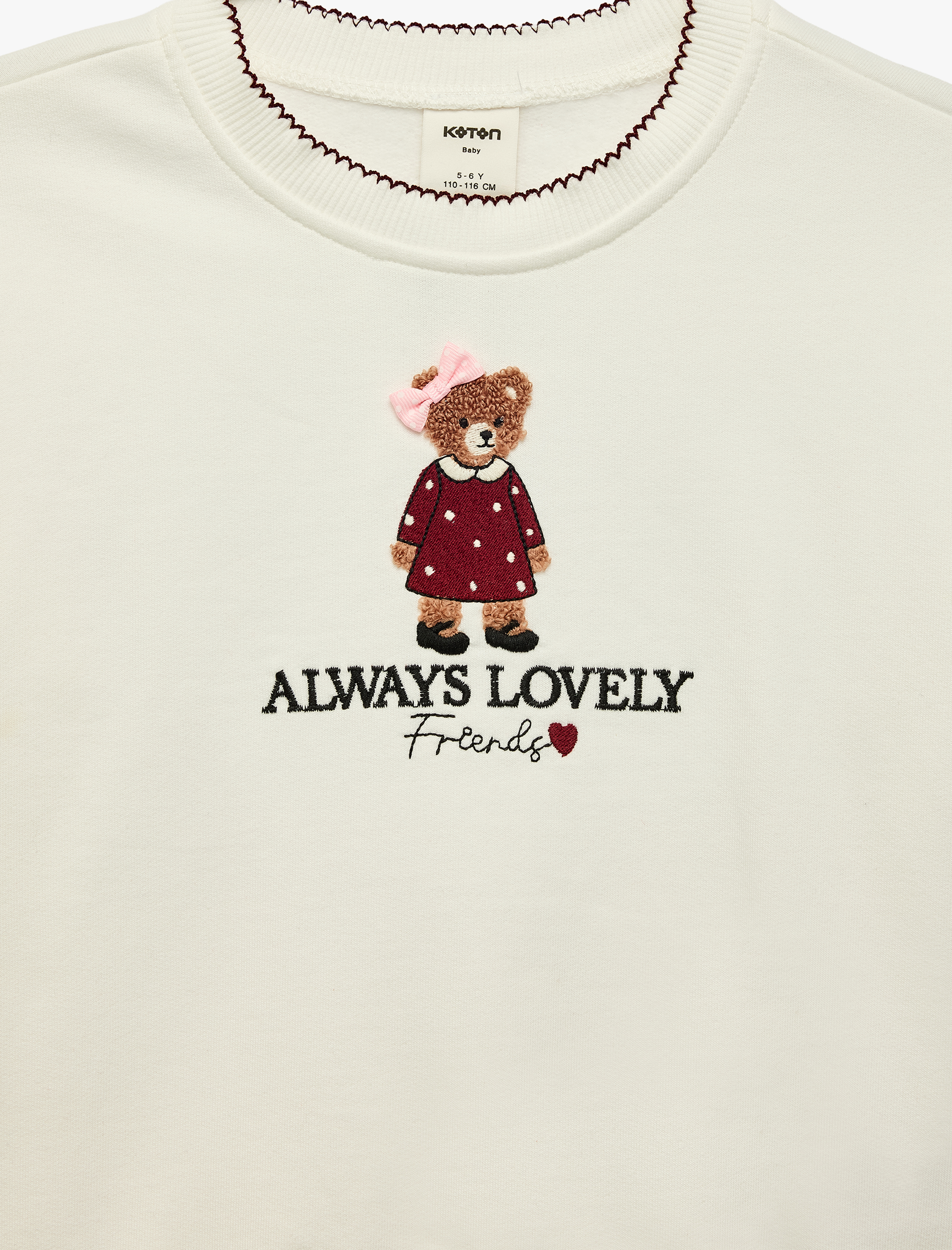  Kız Bebek Uzun Kollu İki İplik Şardonlu Pamuklu Bisiklet Yaka Ayıcık Nakışlı Sweatshirt