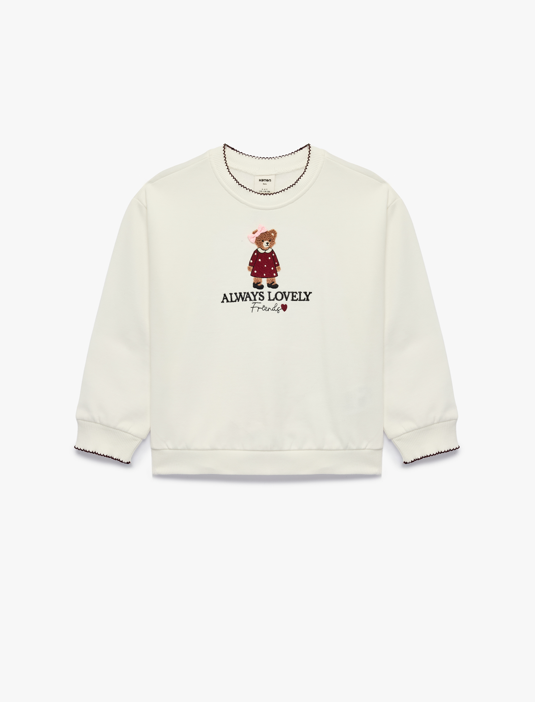  Kız Bebek Uzun Kollu İki İplik Şardonlu Pamuklu Bisiklet Yaka Ayıcık Nakışlı Sweatshirt