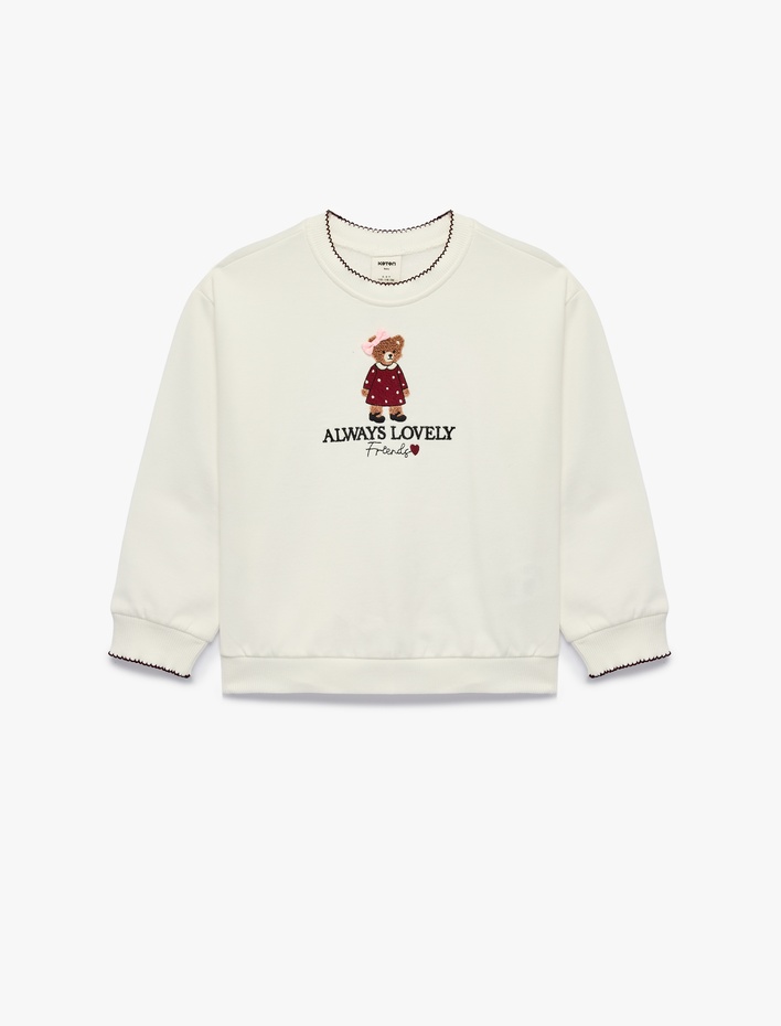 Kız Bebek Uzun Kollu İki İplik Şardonlu Pamuklu Bisiklet Yaka Ayıcık Nakışlı Sweatshirt