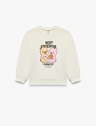 Uzun Kollu Üç İplik Bisiklet Yaka Ayıcık Baskılı Sweatshirt