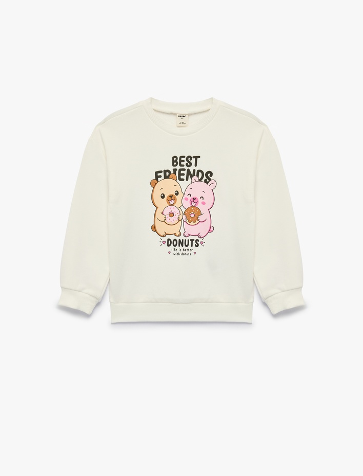 Kız Bebek Uzun Kollu Üç İplik Bisiklet Yaka Ayıcık Baskılı Sweatshirt