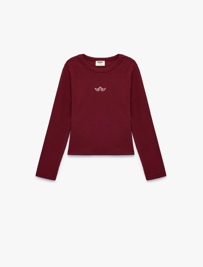 Kız Çocuk Kanat Nakış Detaylı Slim Fit Pamuklu Kaşkorse Bisiklet Yaka Uzun Kollu Tişört