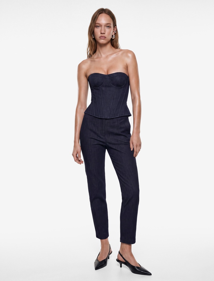  Slim Fit Nervürlü Kolsuz Straplez Korse Büstiyer