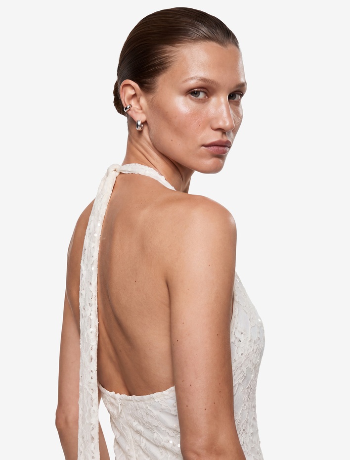  Dantelli Payetli Halter Yaka Boyundan Bağlamalı Kolsuz Mini Bridal Elbise