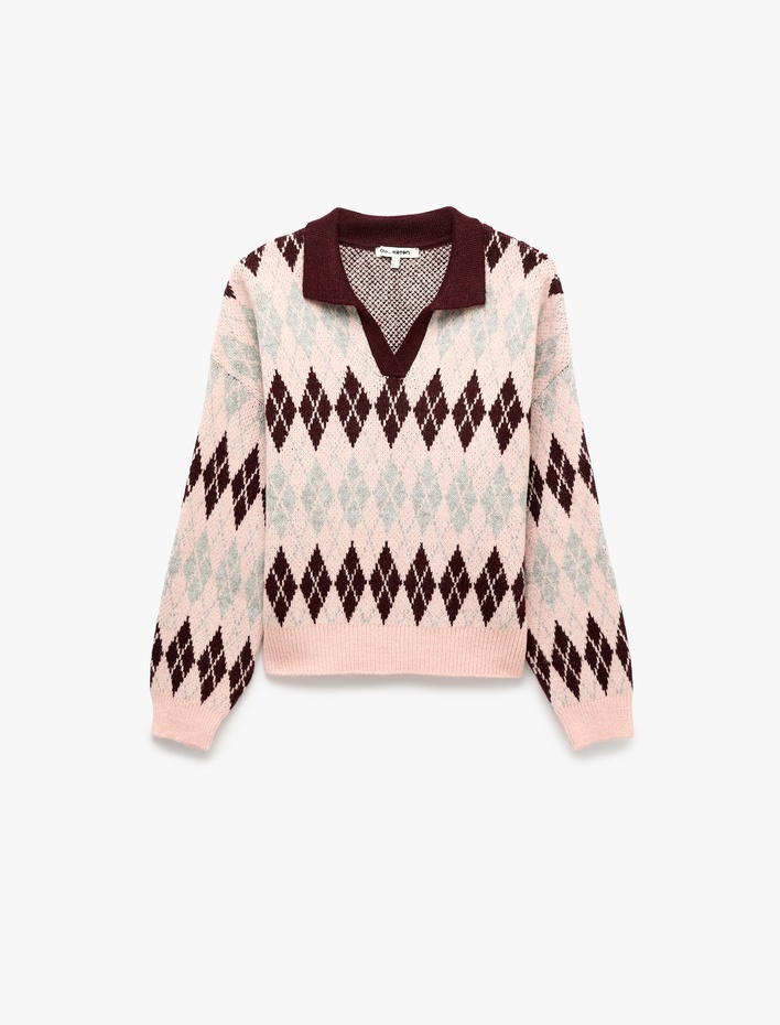  Regular Fit Polo Yaka Uzun Kollu Triko Baklava Desenli Kazak