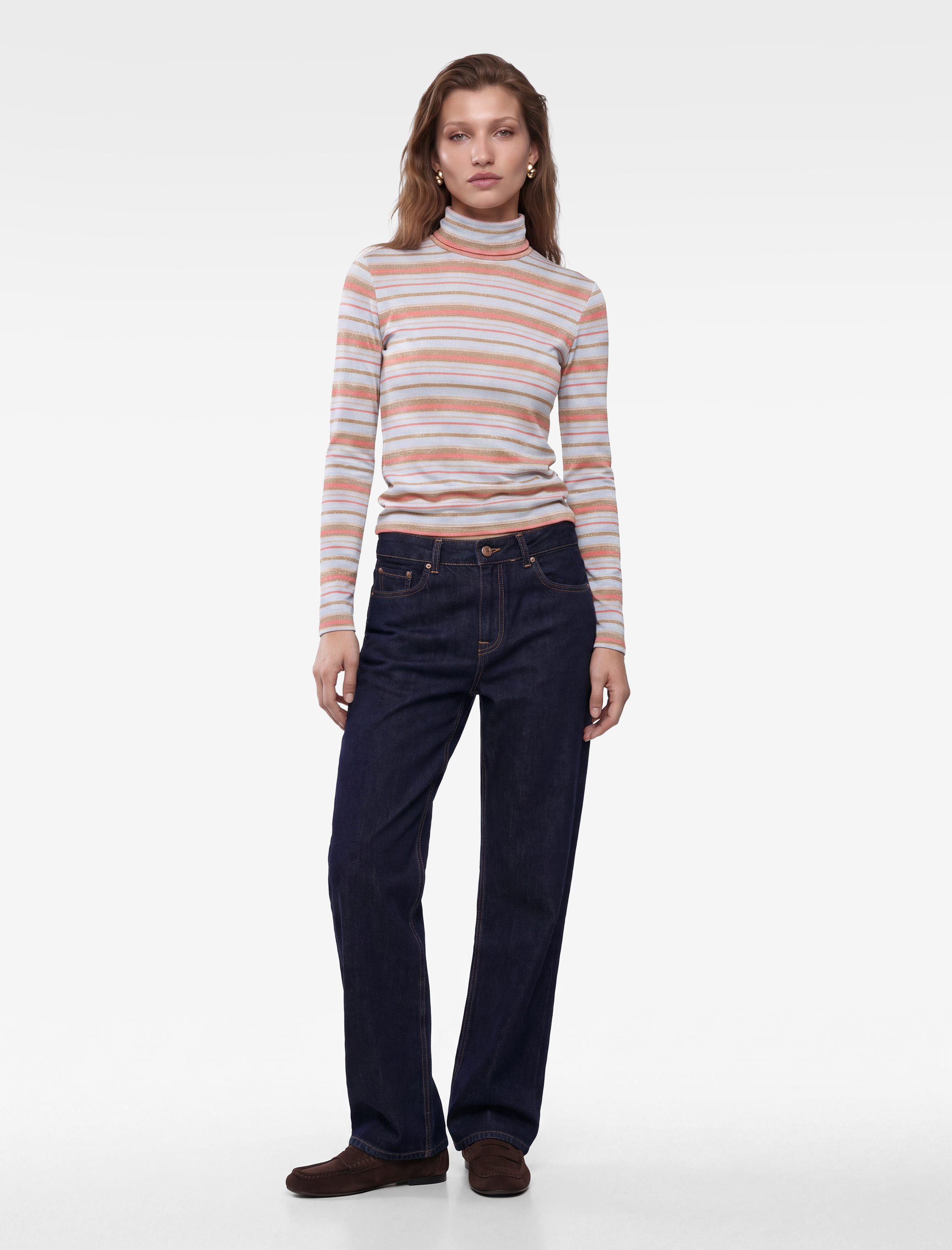 Koton Slim Fit Viskon Parıltılı Çizgili Balıkçı Yaka Uzun Kollu Tişört