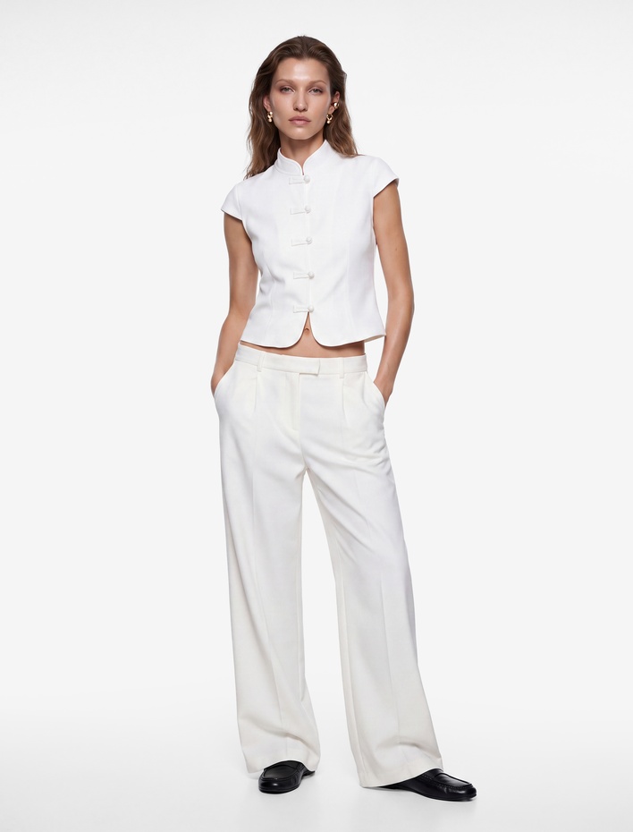  Slim Fit Kap Kol Süslü Düğmeli Dik Mandarin Yaka Gömlek Napolyon Kapama Detaylı