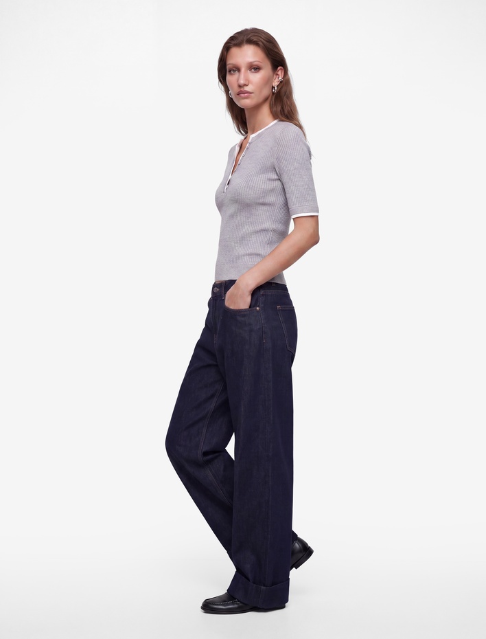  Regular Fit Kısa Kollu Katmanlı Henley Yaka Düğmeli Triko Kazak