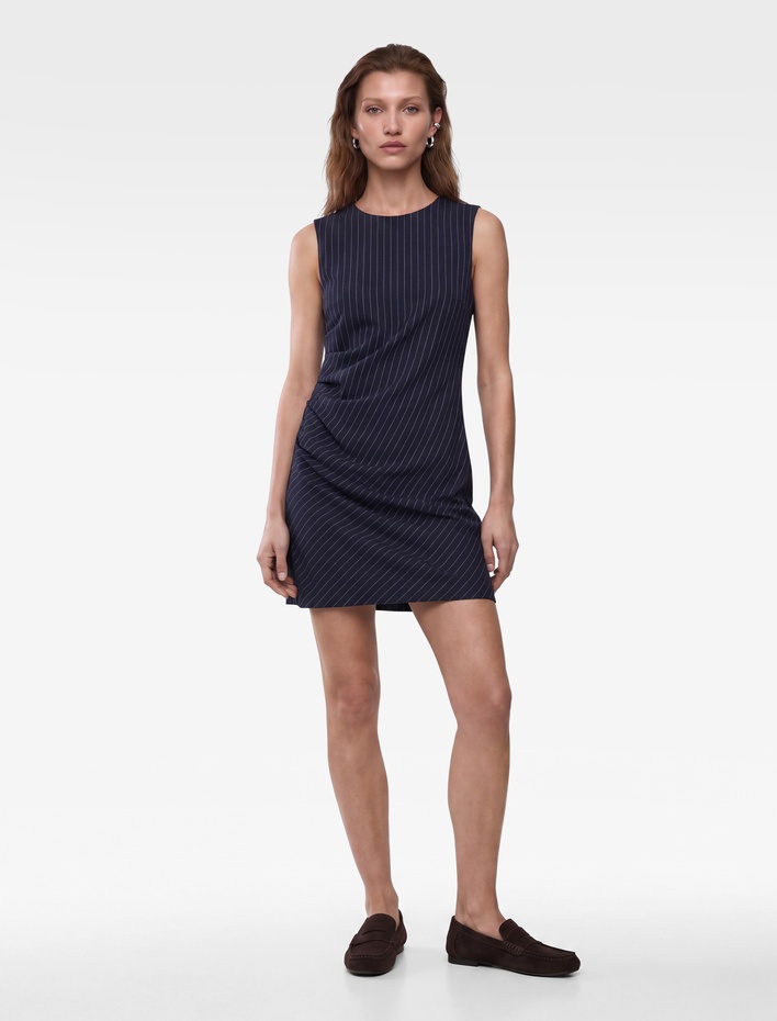  Drapeli Slim Fit Bisiklet Yaka Kolsuz Çizgili Mini Elbise