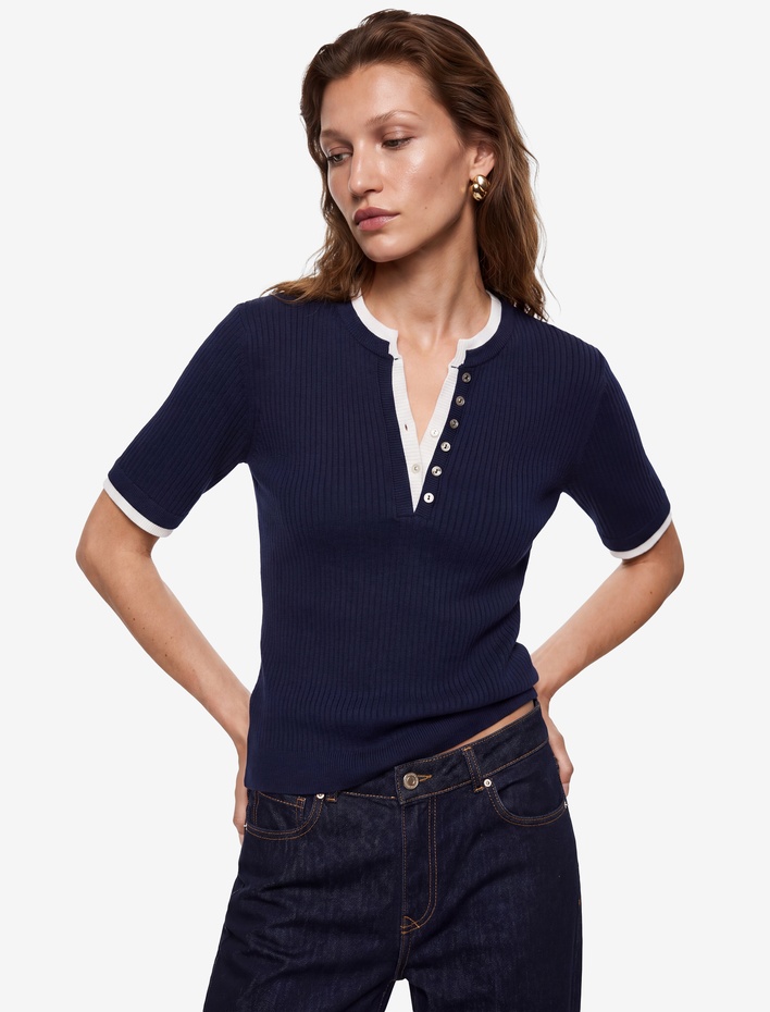  Regular Fit Kısa Kollu Katmanlı Henley Yaka Düğmeli Triko Kazak