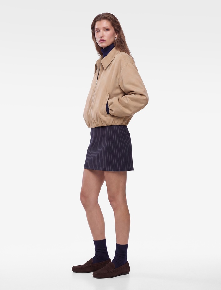  Slim Fit Fermuar Detaylı Çizgili Mini Şort Etek