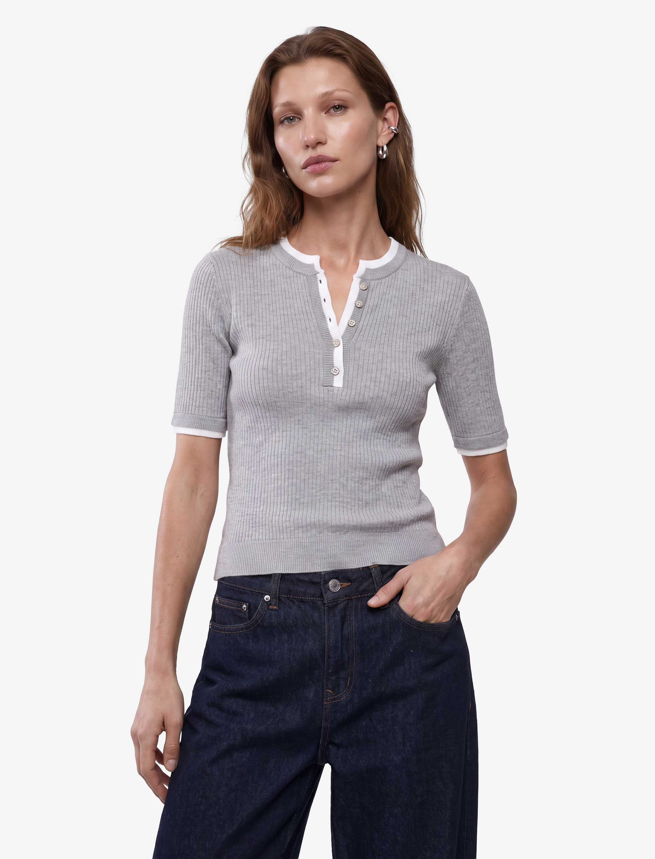 Koton Regular Fit Kısa Kollu Katmanlı Henley Yaka Düğmeli Triko Kazak görsel 3