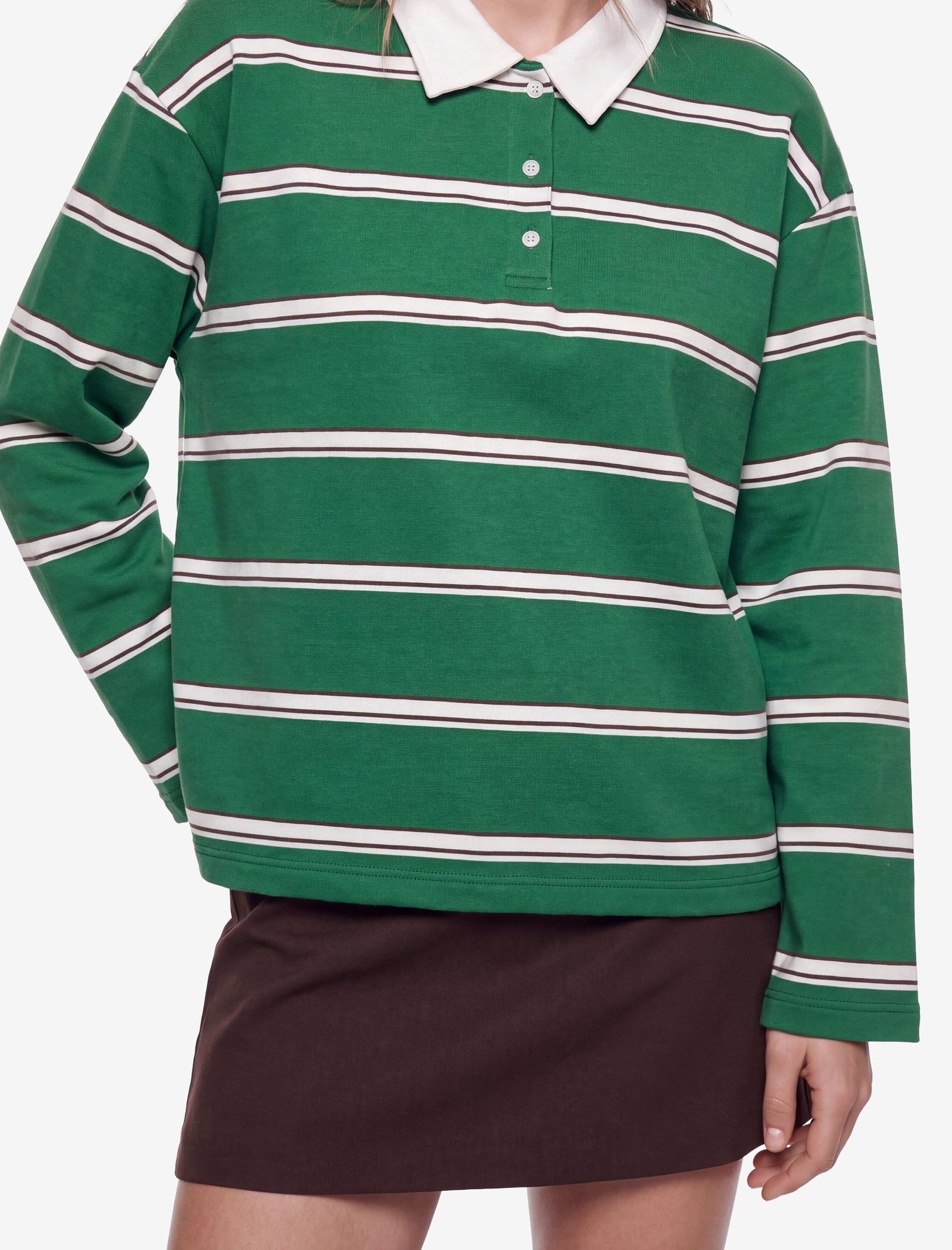   Rahat Kalıp Pamuklu Şardonlu Düğmeli Polo Yaka Çizgili Sweatshirt