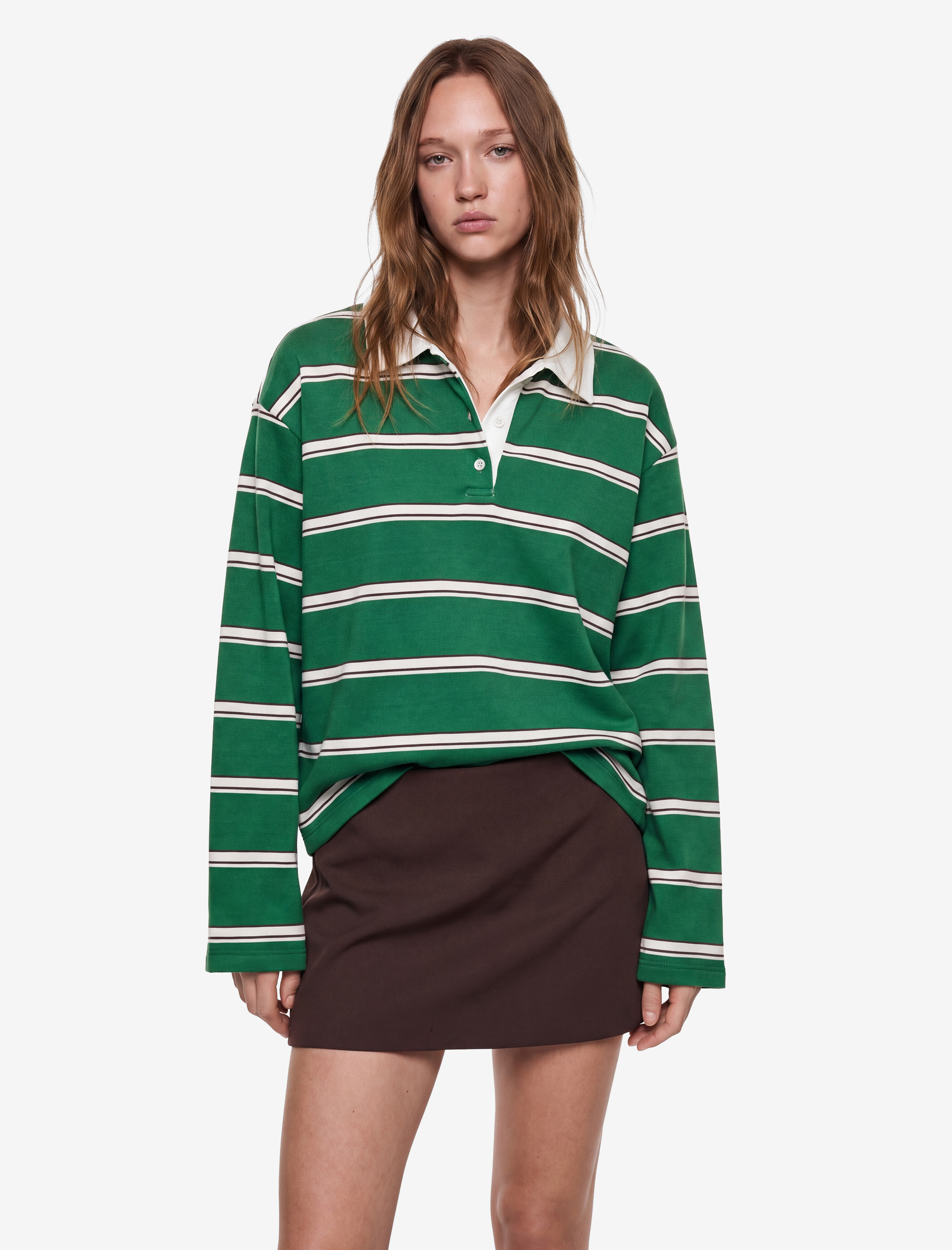   Rahat Kalıp Pamuklu Şardonlu Düğmeli Polo Yaka Çizgili Sweatshirt