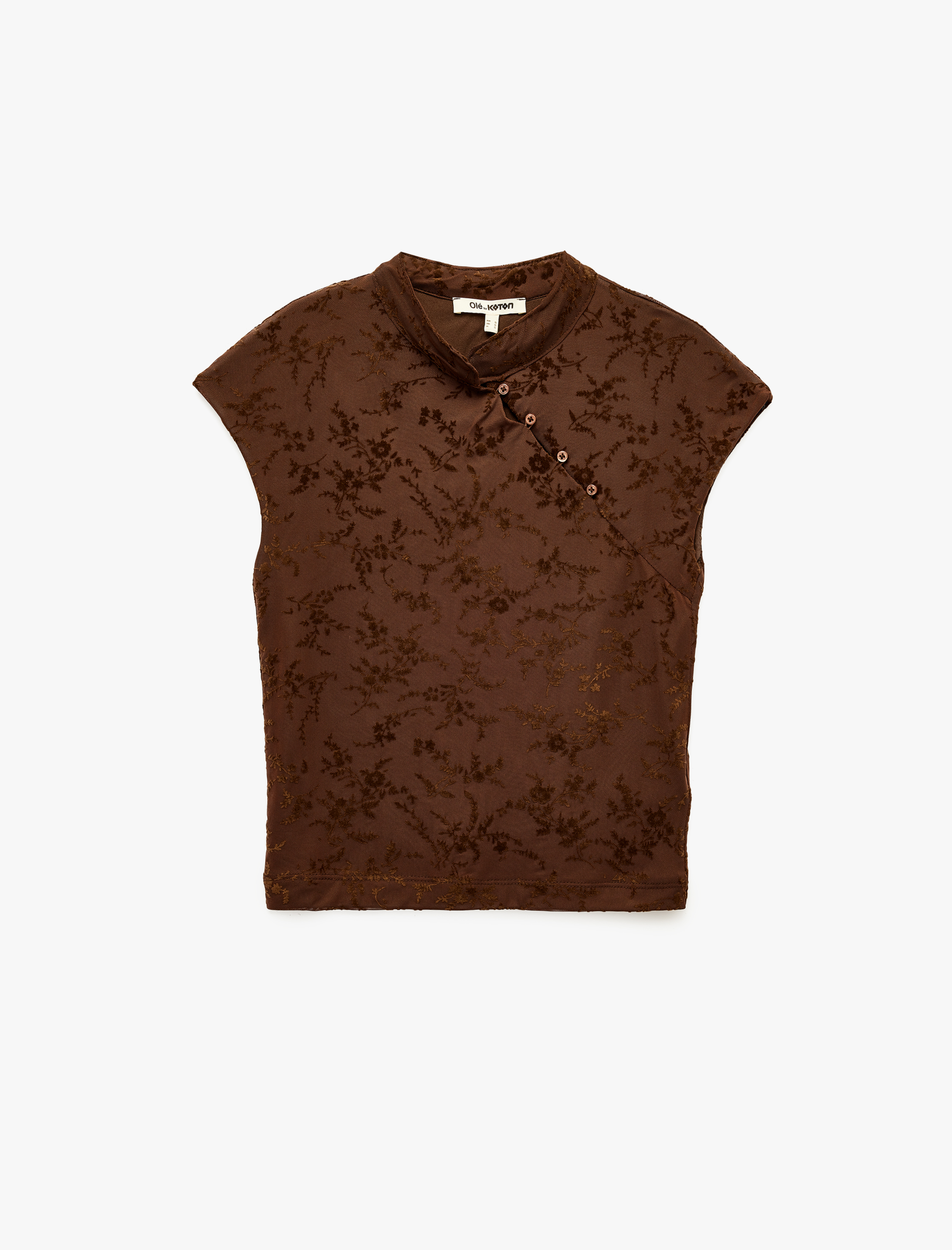   Düğme Detaylı Çiçek Desenli Jakarlı Mandarin Qipao Yaka Kolsuz Bluz