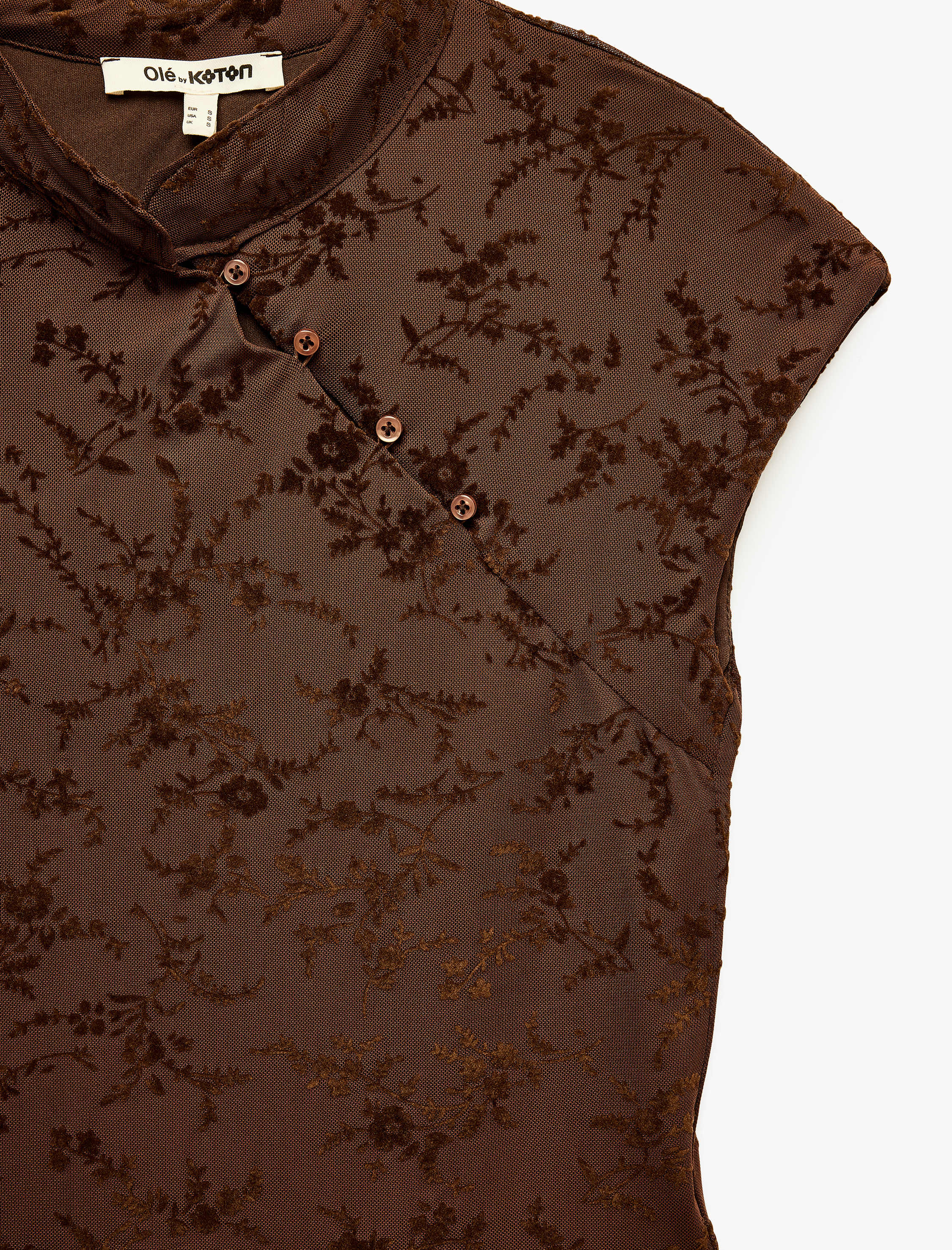   Düğme Detaylı Çiçek Desenli Jakarlı Mandarin Qipao Yaka Kolsuz Bluz