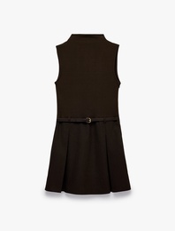 Pamuklu Slim Fit Kemer Detaylı Bisiklet Yaka Kolsuz Bodycon Pileli Mini Elbise