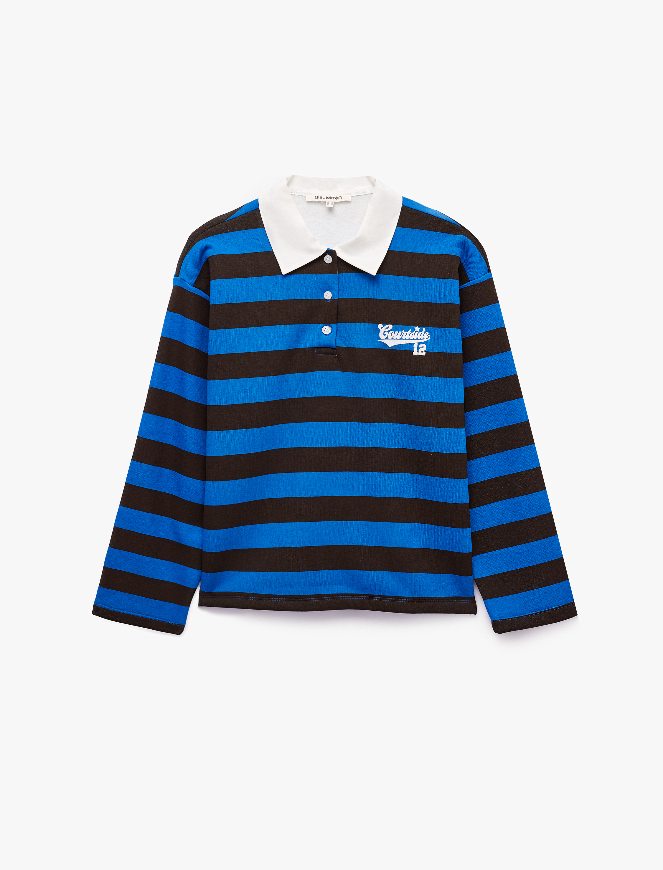   Şardonlu Düğmeli Rahat Kalıp Uzun Kollu Baskılı Polo Yaka Çizgili Sweatshirt