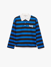 Şardonlu Düğmeli Rahat Kalıp Uzun Kollu Baskılı Polo Yaka Çizgili Sweatshirt