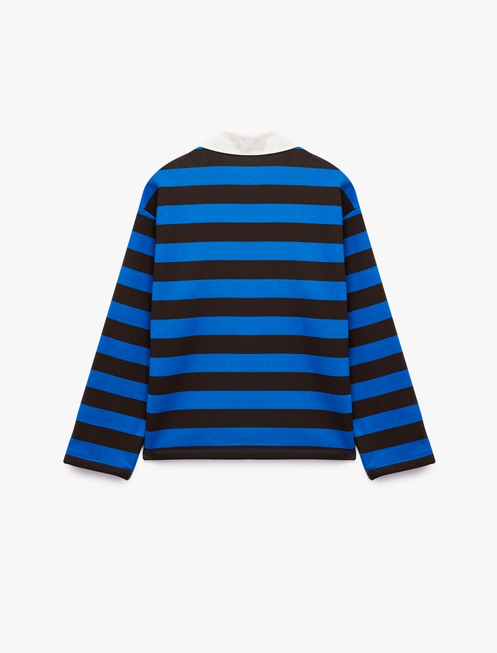  Şardonlu Düğmeli Rahat Kalıp Uzun Kollu Baskılı Polo Yaka Çizgili Sweatshirt