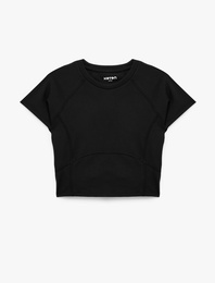 Slim Fit Dikiş Detaylı Kısa Kollu Bisiklet Yaka Crop Spor Tişört