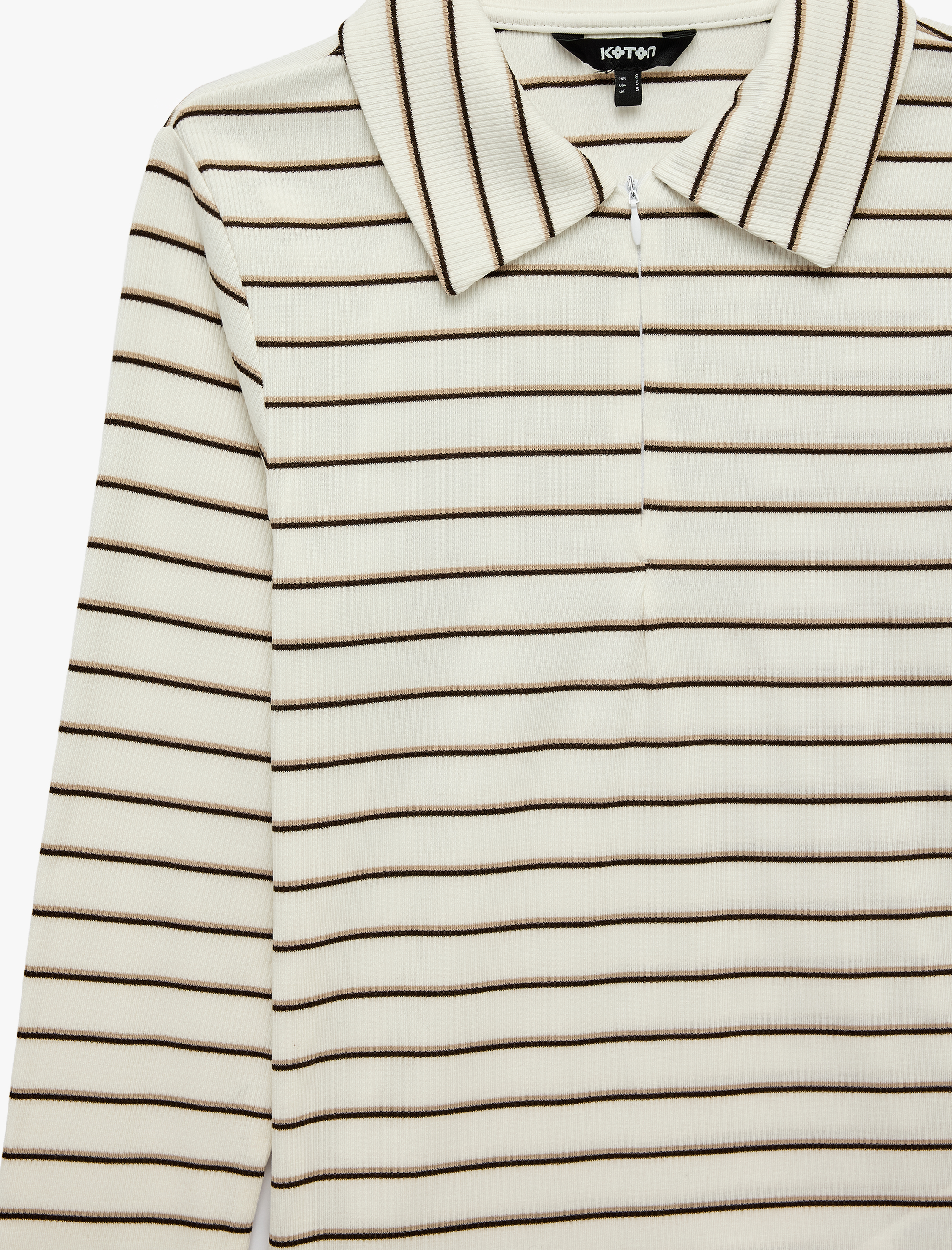   Slim Fit Uzun Kollu Yarım Fermuar Detaylı Polo Yaka Çizgili Tişört