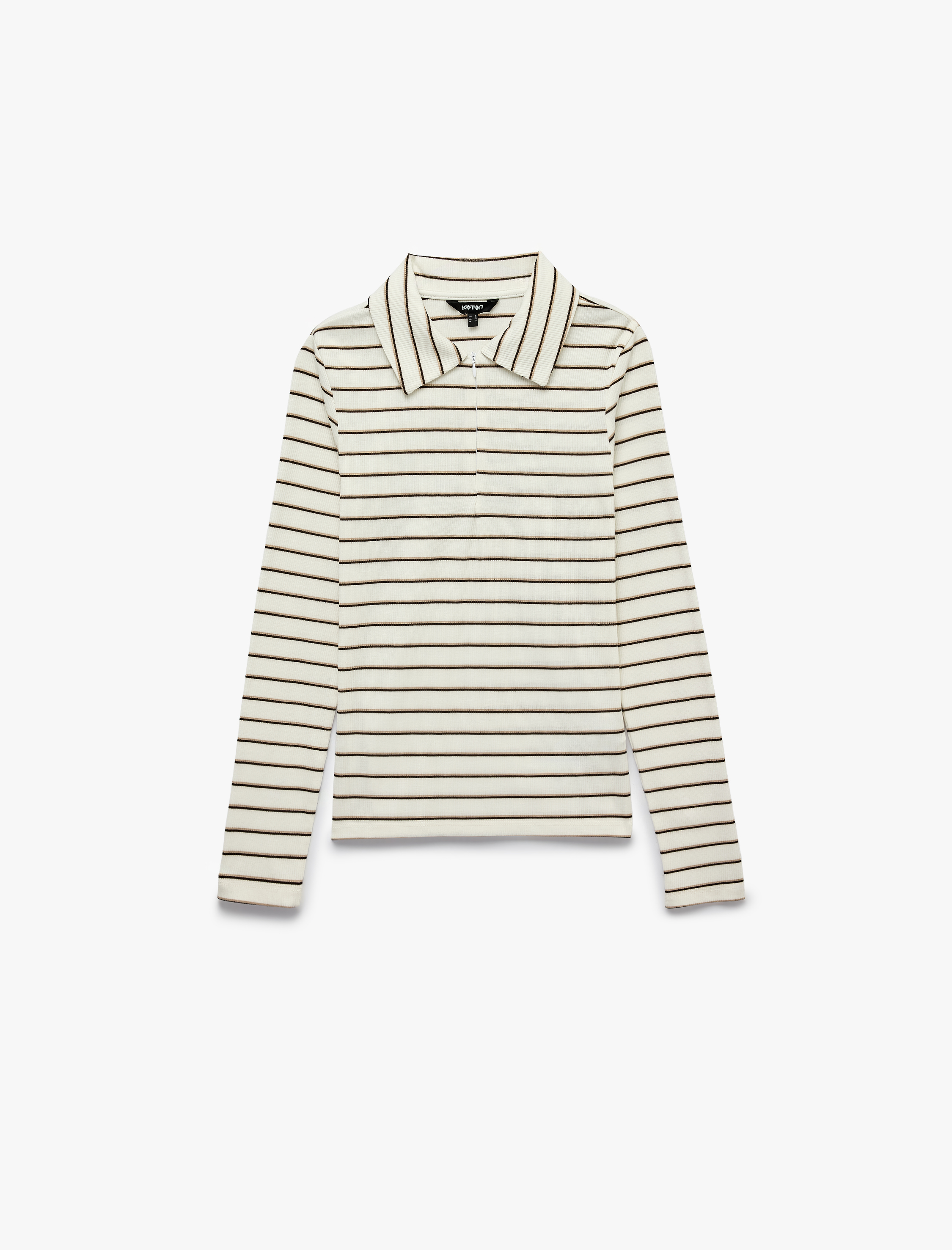   Slim Fit Uzun Kollu Yarım Fermuar Detaylı Polo Yaka Çizgili Tişört
