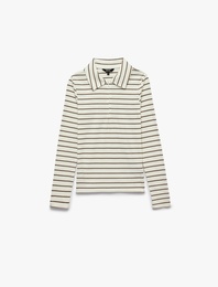 Slim Fit Uzun Kollu Yarım Fermuar Detaylı Polo Yaka Çizgili Tişört
