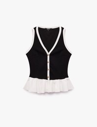 Metal Süslü Düğmeli Krep Scuba Kumaş Volanlı V Yaka Peplum Kolsuz Bluz