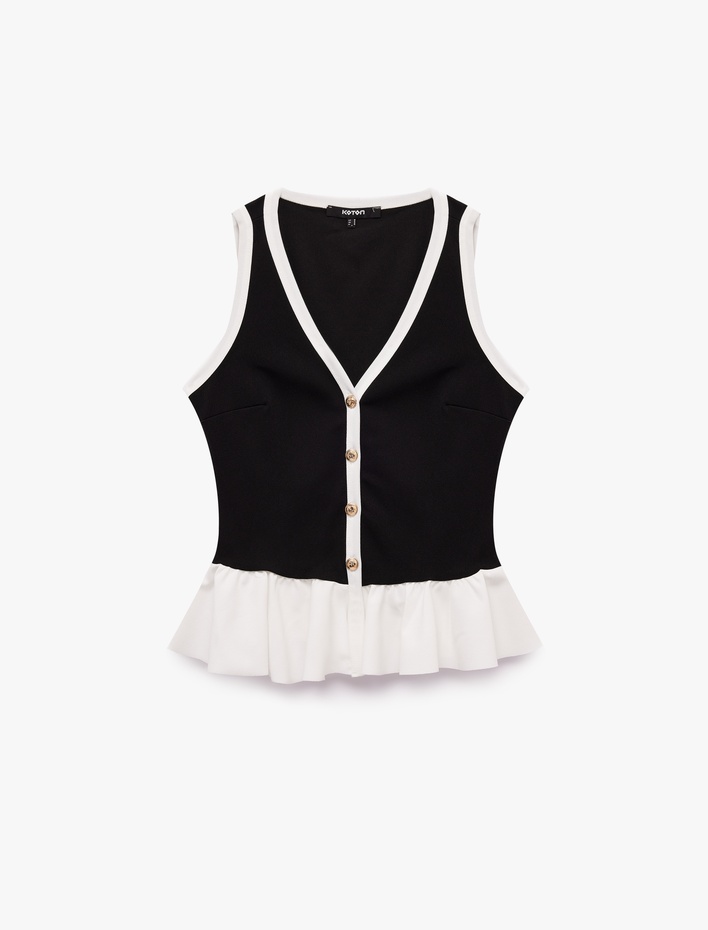  Metal Süslü Düğmeli Krep Scuba Kumaş Volanlı V Yaka Peplum Kolsuz Bluz